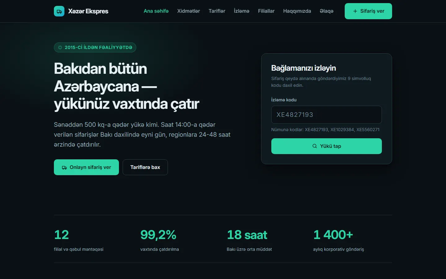 Xəzər Ekspres nümunə kuryer saytının ana səhifəsi